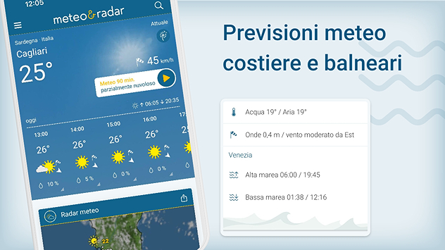 Foto con lo stream della app e un esempio delle previsioni mare