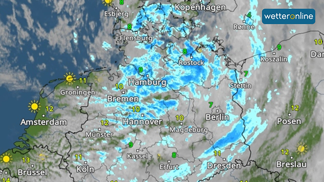 WetterRadar zeigt viele Schauer im Norden.