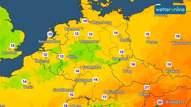 TemperaturRadar mit den Tiefsttemperaturen in der Nacht zum Freitag. In den meisten Regionen Deutschlands liegen die Werte zwischen 12 und 14 Grad, im Süden örtlich etwas höher.