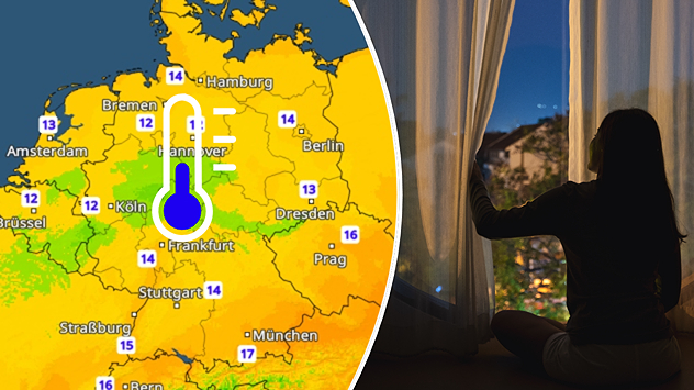Kombinationsgrafik mit TemperaturRadar für Deutschland und einer Person am geöffneten Fenster. Die kühleren Nachttemperaturen bieten gute Bedingungen zum nächtlichen Lüften.