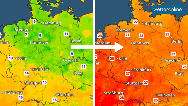 TemperaturRadar zeigt Tiefstwerte links, Höchstwerte rechts