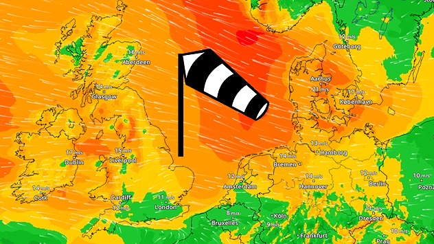 Vindkort over Nordeuropa med vindpose, der viser kraftig vind og blæsevejr over Storbritannien, Danmark og nærliggende områder.