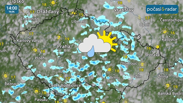 Meteoradar, screenshot, 16. dubna 14:00: Nejbližší dny přinesou do Česka nejčastěji polojasnou oblohu, během dne přechodně až oblačno a místy se objeví slabé přeháňky.