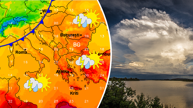 Отляво: картата показва топло време в Югоизточна Европа към края на април, с развитие на локални бури: Отдясно: Снимка на приближаваща гръмотевична буря