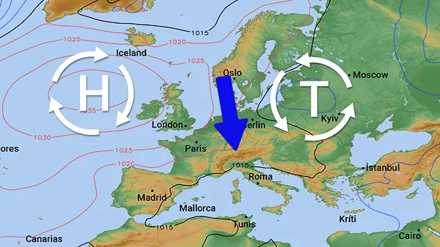 Europäische Wetterkarte mit Hoch- und Tiefdruckgebiet sowie Pfeil für kühlere Luft nach Mitteleuropa.