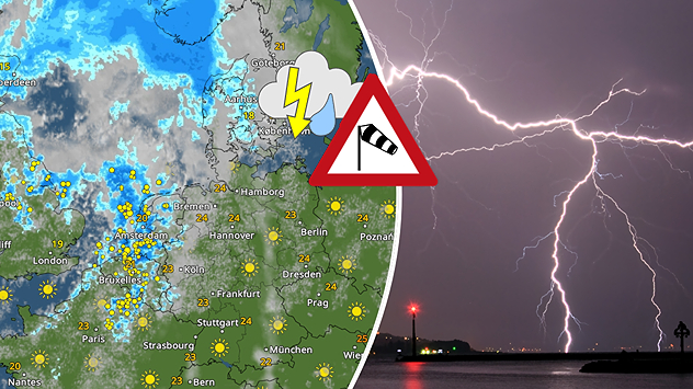 Vejrkort viser udbredt regn og torden over Nordeuropa med advarselstrekant for kraftig vind, kombineret med foto af lynnedslag ved kysten.