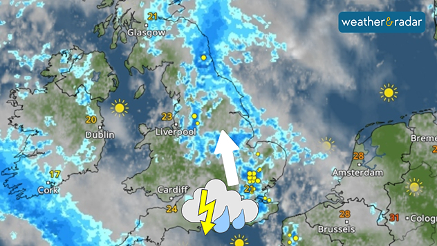 Weather map showing thunderstorms and heavy rain over England with an icon showing storm clouds and an arrow indicating a northerly movement. 