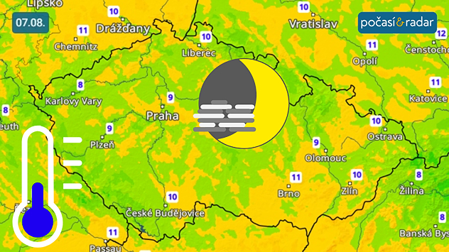 Předpověď minimálních teplot v Česku na čtvrtek 7. srpna: V noci na čtvrtek poklesnou teploty na velké části našeho území pod 10 °C.