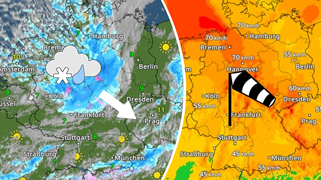 WetterRadar zeigt Gebiet mit Regen- und Schneefällen und WindRadar den stürmischen Wind WetterRadar zeigt Gebiet mit Regen- und Schneefällen und WindRadar den stürmischen Wind