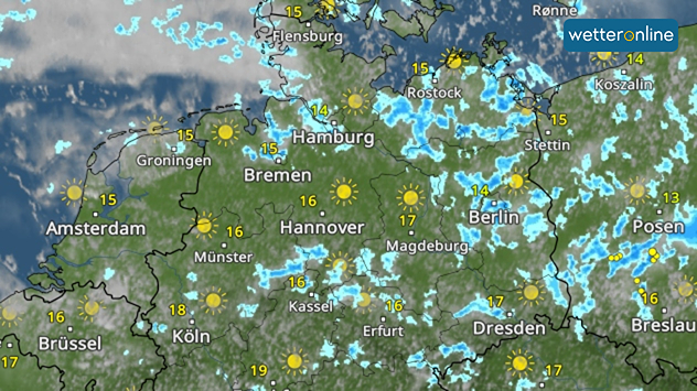WetterRadar-Vorhersage für Sonntagabend um 19 Uhr mit Schauern in der Nordhälfte. 
