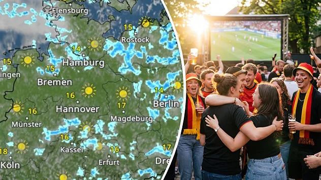 Geteilte Grafik: Links zeigt eine Wetterkarte für Nord- und Ostdeutschland mit vielen Sonnensymbolen, Temperaturen zwischen etwa 14 und 17 Grad sowie einzelnen Regenfeldern, besonders im Nordosten. Rechts feiern Fußballfans in Deutschland-Trikots und mit schwarz-rot-goldenen Schals ausgelassen beim Public Viewing vor einer großen Leinwand. Die Szene vermittelt eine positive Stimmung bei überwiegend freundlichem Fußballwetter.