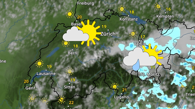 Wetterkarte der Schweiz mit viel Sonne und Wolken. Im Südosten sind Schauer zu sehen.