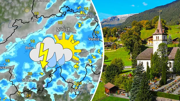 Wetterkarte zeigt unbeständigen Mittwoch in der Schweiz mit Regen und Gewittern neben einem herbstlichen Bild aus den Alpen.