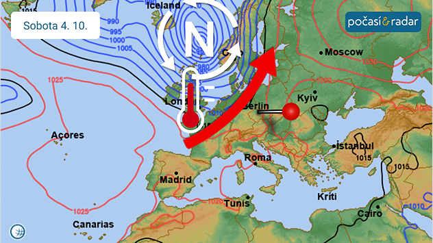 Předpověď synoptické situace nad Evropou na sobotu 4. 10. Na závěr tohoto týdne se převládající proudění do střední Evropy stočí na západní až jihozápadní, což se projeví růstem teplot.