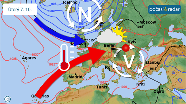Předpověď synoptické situace nad Evropou na úterý 7. 10. Zkraje příštího týdne se nad střední Evropou patrně od jihozápadu prosadí výběžek vyššího tlaku vzduchu, nadále však pravděpodobně setrváme ve spíše teplejším proudění západních směrů.