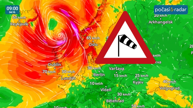 Větrný radar, screenshot, 4. 10. 9:00: Tato tlaková níže se na závěr týdne postará i u nás o přechodné zesílení větru.