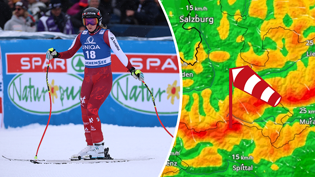 Links zeigt das Bild eine Skirennfahrerin, rechts ist das WindRadar mit Sturm in den Alpen zu sehen.