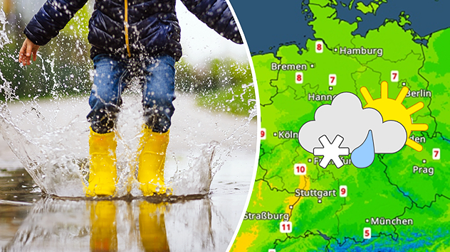 Geteilte Grafik: links ein Kind in gelben Gummistiefeln springt in eine Pfütze, rechts eine TemperaturRadar-Karte von Deutschland mit Sonne-Wolken-Regen-Symbol.