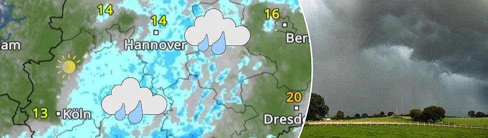 Splitbild. Links: Wetterkarte von Deutschland mit Regen, Wolken und Temperaturen. Rechts eine Regenwolke.