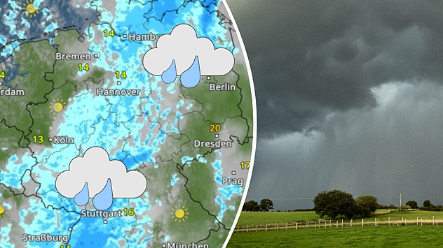 Splitbild. Links: Wetterkarte von Deutschland mit Regen, Wolken und Temperaturen. Rechts eine Regenwolke.
