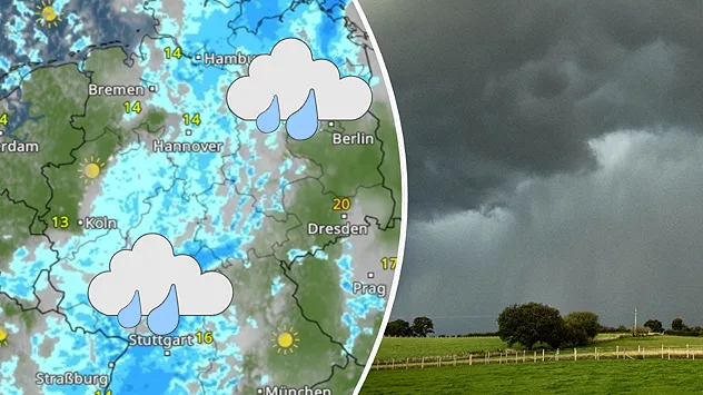 Splitbild. Links: Wetterkarte von Deutschland mit Regen, Wolken und Temperaturen. Rechts eine Regenwolke.