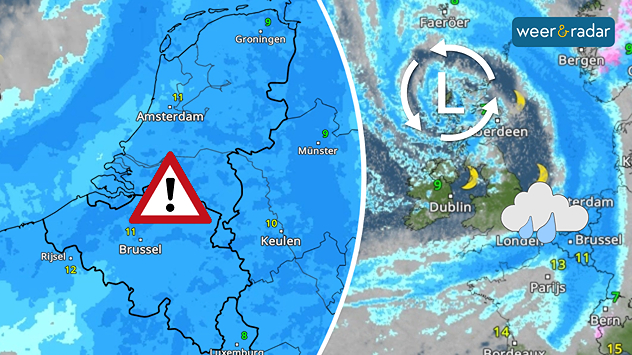 Links de WeerRadar met de hele Benelux onder het regenfront. Rechts de WeerRadar uitgezoomd. Het enorme regenfront is goed zichtbaar.