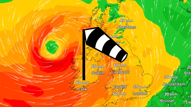 WindRadar mit Sturmtief und starken Windböen über Irland und Großbritannien.