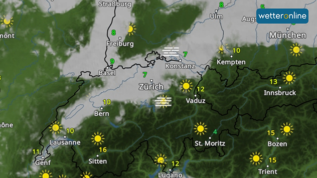 WetterRadar am Samstagnachmittag mit Nebel im Mittelland.