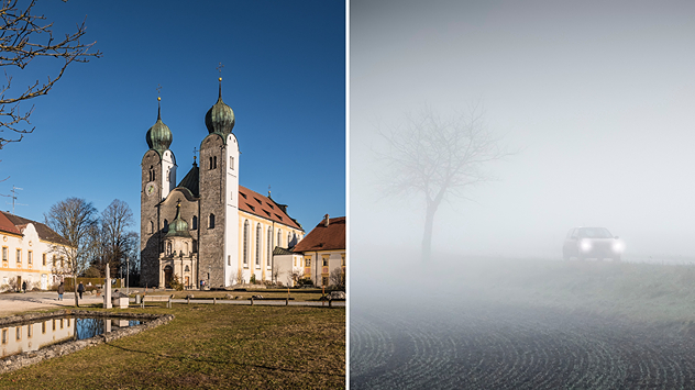 Links zeigt ein Bild eine Kirche bei blauem Himmel, rechts ist ein Auto in dichtem Nebel zu sehen.