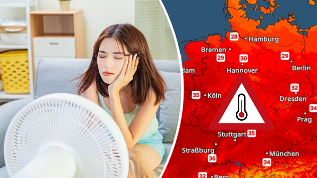 Eine Frau kühlt sich vor einem Ventilator. Rechts zeigt das TemperaturRadar verbreitet hohe Temperaturen und warnt vor großer Hitze.