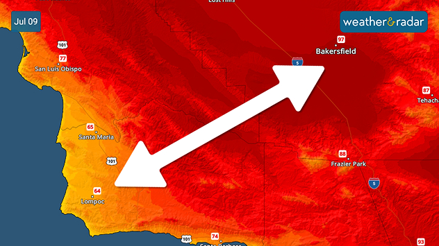 A more than 30-degree temperature difference is apparent in California between the southern Central Valley and the coast.