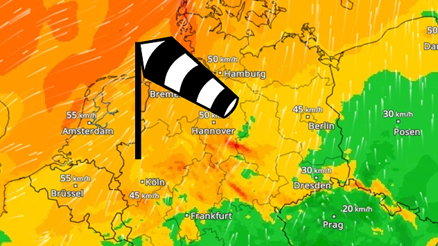 Wetterkarte von Deutschland mit Windsack-Symbol, das auf starken bis stürmischen Wind hinweist.