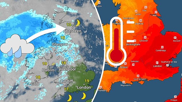 Split weather graphic showing overnight rain moving northeast across Scotland on the left, with an arrow indicating its direction, while the right displays a temperature map with intense heat across England and Wales, reaching around 31°C in southeast England, highlighted by a thermometer icon.