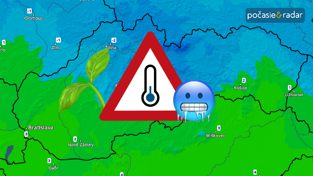 Ochladenie na Slovensku – mapa teplôt s výstrahou na chlad a ikonou zimy, návrat chladného počasia