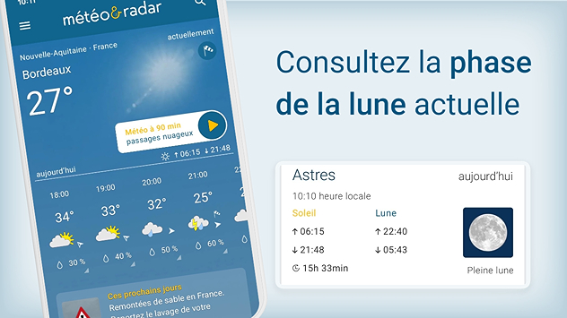 La page d'accueil de l'application et la rubrique astres avec toutes ses informations.
