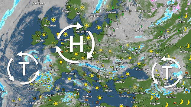 VejrRadar over Europa med højtryk i Centraleuropa og lavtryk i vest og øst.