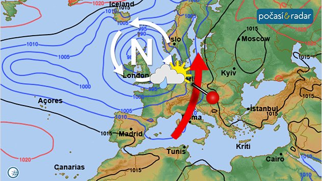 Synoptická situace nad Evropou, úterý 21. 10. 2025: Česko se nachází pod vlivem tlakové níže nad severozápadní Evropou. Po její přední straně k nám od jihozápadu proudí teplý a vlhký vzduch.