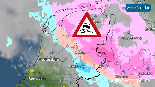 De weerkaart voor zaterdagmiddag toont sneeuw in het noorden van Nederland, in het midden valt regen. Daartussen zit een smalle strook met ijzel.