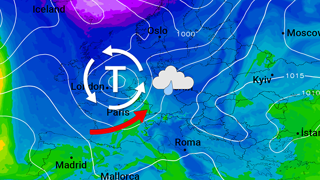 Wetterkarte mit Tiefdruck über Westeuropa und vorstoßender Kaltluft. Wolken und Regen breiten sich nach Mitteleuropa aus.