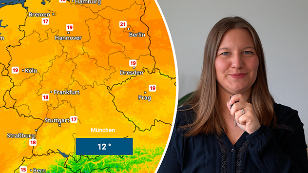 TemperaturRadar mit 12 Grad in München daneben eine Wettermoderatorin