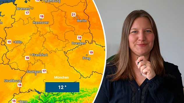 TemperaturRadar mit 12 Grad in München daneben eine Wettermoderatorin