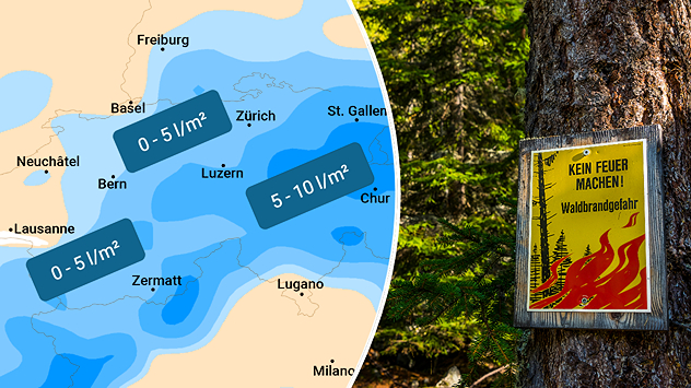 Links eine Wetterkarte, die kaum Regen zeigt. Rechts warnt ein Schild vor Waldbrandgefahr.