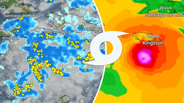 Weerradar en windradar tonen hevige regen en stormactiviteit rond Jamaica en Haïti.