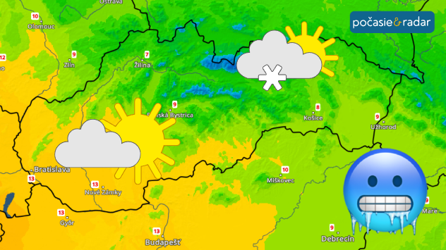 Mapa Slovenska so slnečným počasím na západe, na severe snehové prehánky a na východe chladnejšie podmienky