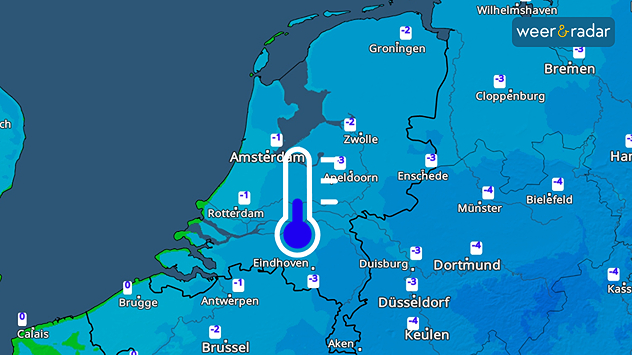 De TemperatuurRadar toont vorst in vrijwel heel Nederland met 0 tot -5 graden. Een blauwe thermometer staat ingetekend.