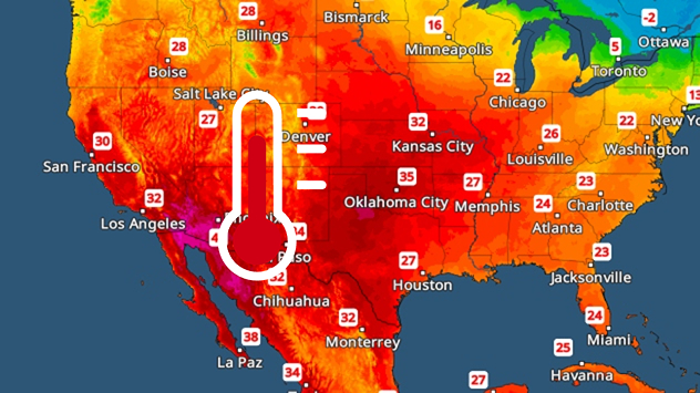 Карта на температурите в САЩ с много високи стойности над югозападната част; голям символ на термометър обозначава екстремна жега.