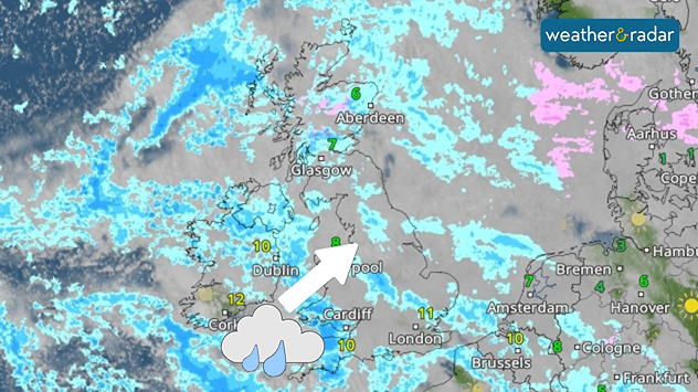 Weather radar map showing scattered rain across the UK and Ireland in blue, with a rain cloud icon over western Britain, an arrow indicating eastward movement, and city temperature labels.