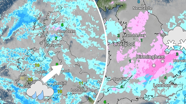 Split image comparing two UK weather radar maps, with rain bands shown in blue over western areas on the left and snow and mixed precipitation shown in pink and blue over central and eastern England on the right.