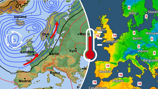 Split weather map of Europe showing a low-pressure system west of the UK with isobars and red warm-front arrows on the left, and a colour-coded temperature map on the right with warmer southern and cooler northern regions.