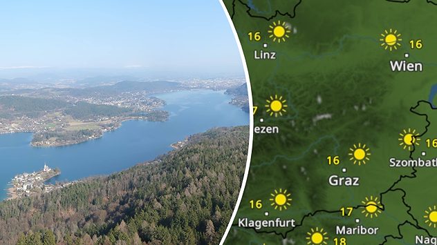 Geteiltes Bild: Links eine Luftaufnahme eines blauen Sees mit bewaldeten Hügeln und einer kleinen Insel mit Kirche; rechts eine Wetterkarte von Österreich - dem WetterRadar von WetterOnline. (c) panomax.acom